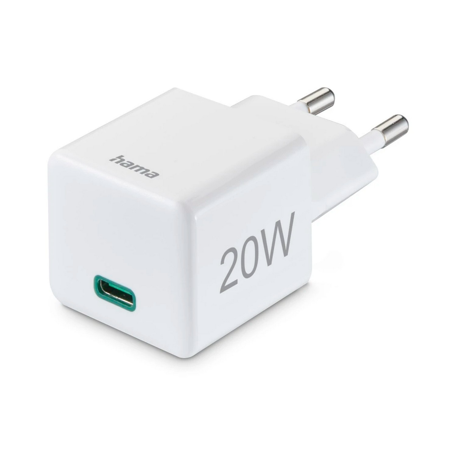 Witte 20W USB-C-lader. Het heeft het Hama-logo en 20W erop geschreven.