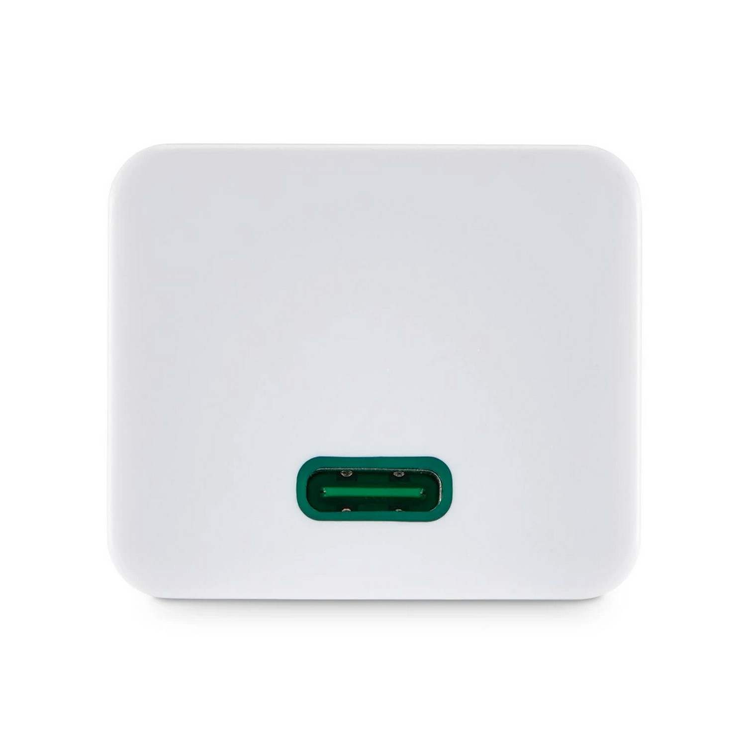 Een witte USB-C-oplader met een groene USB-C-poort. De oplader is vierkant met afgeronde hoeken.