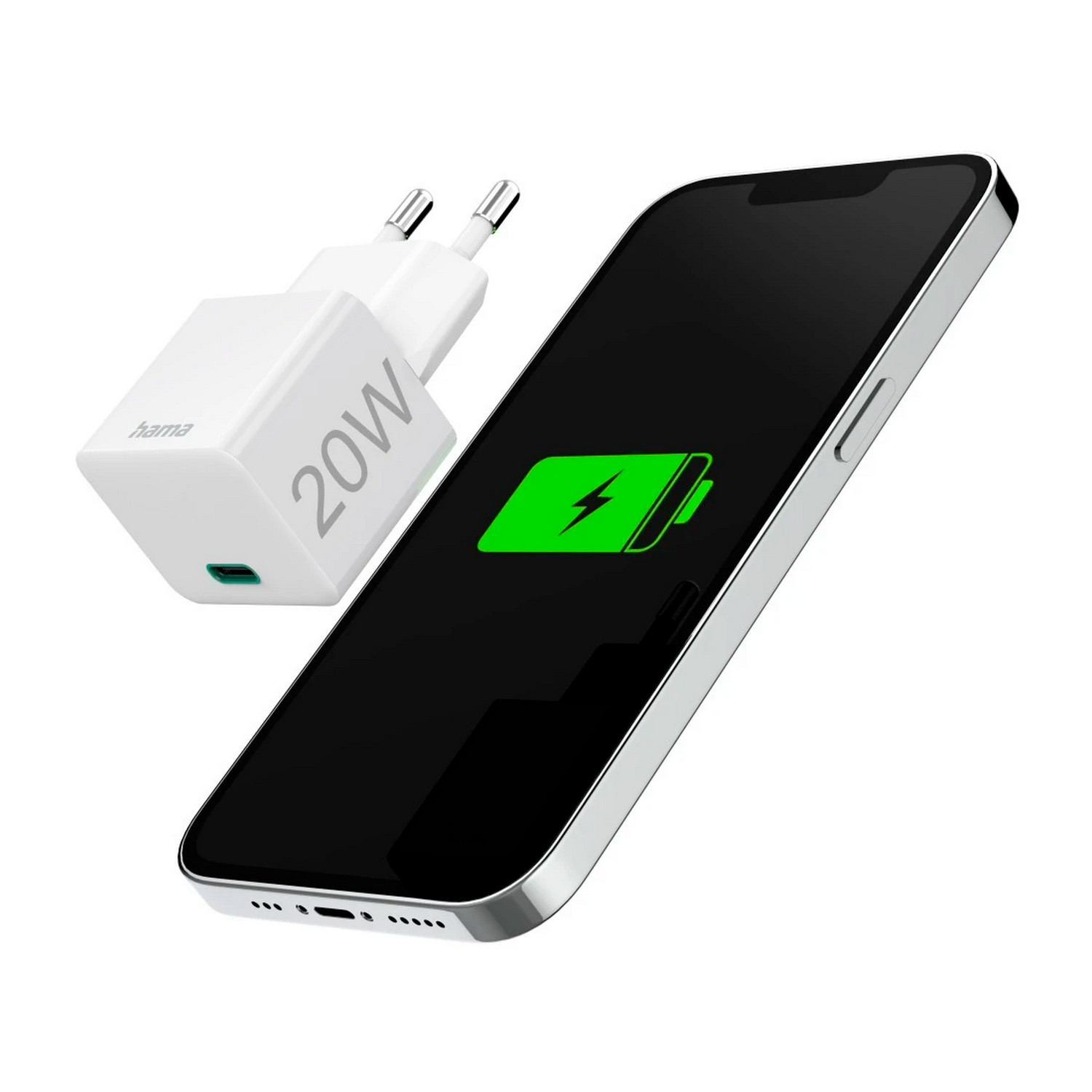 Een telefoon wordt opgeladen naast een witte oplaadadapter met 20W erop.