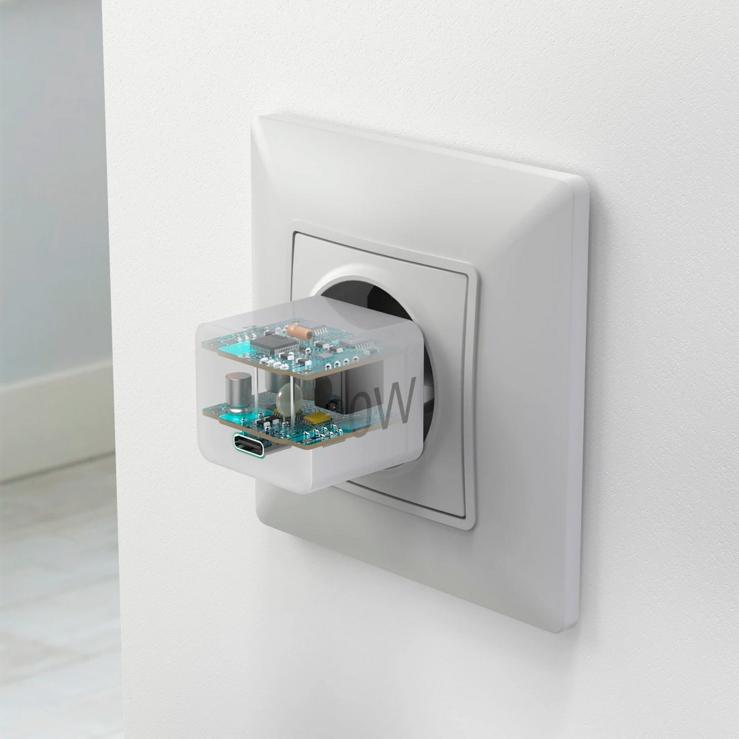 Een doorzichtige stekkeradapter is in een wit stopcontact gestoken. De adapter toont interne componenten.