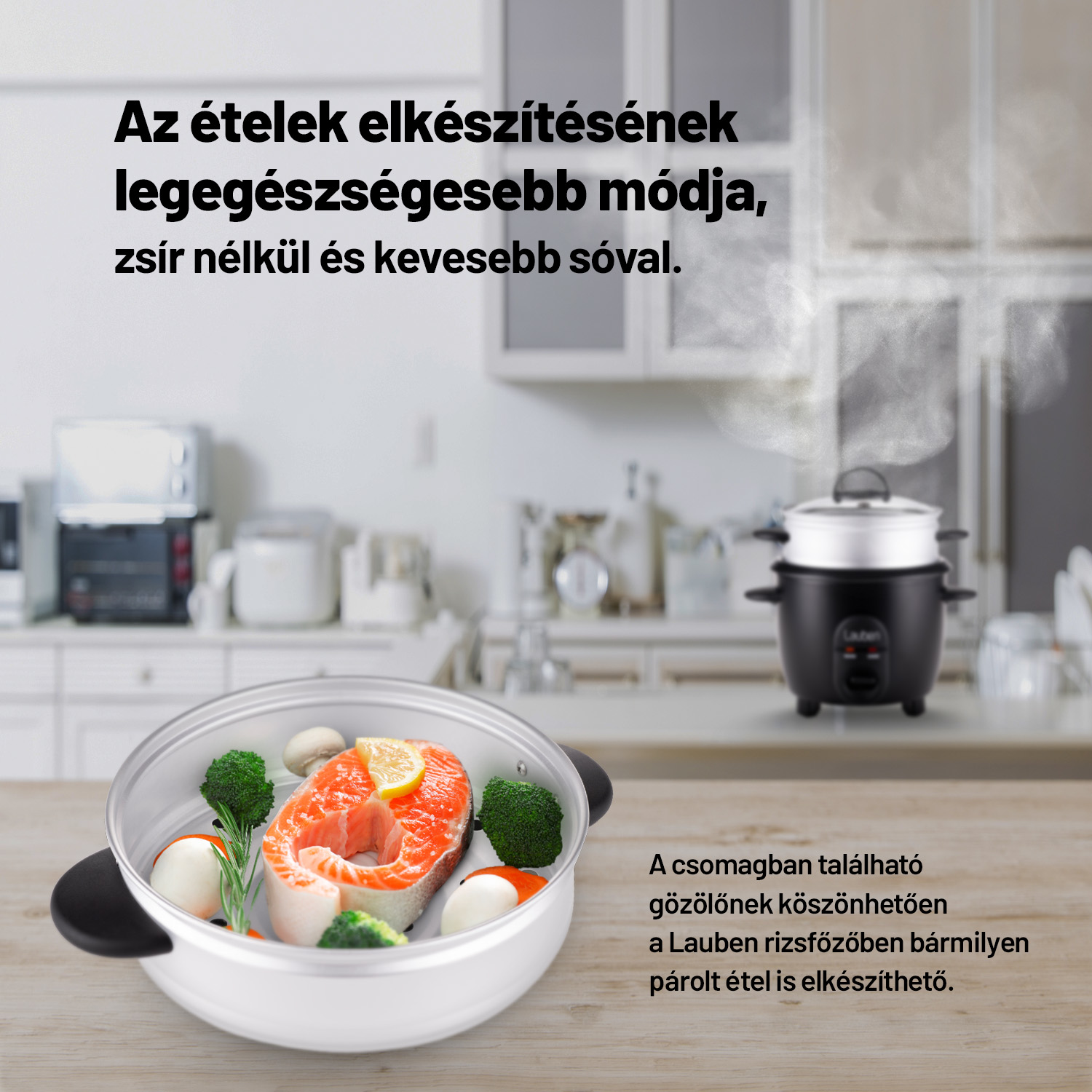 Gőzfőző étellel, edény lazaccal és brokkolival, valamint egy magyar szöveg.
