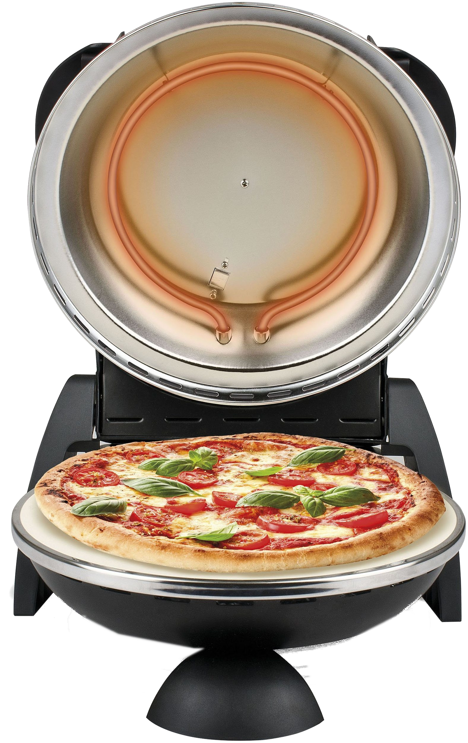 Pizza in offenem Pizzaofen. Der Ofen ist schwarz und silber.