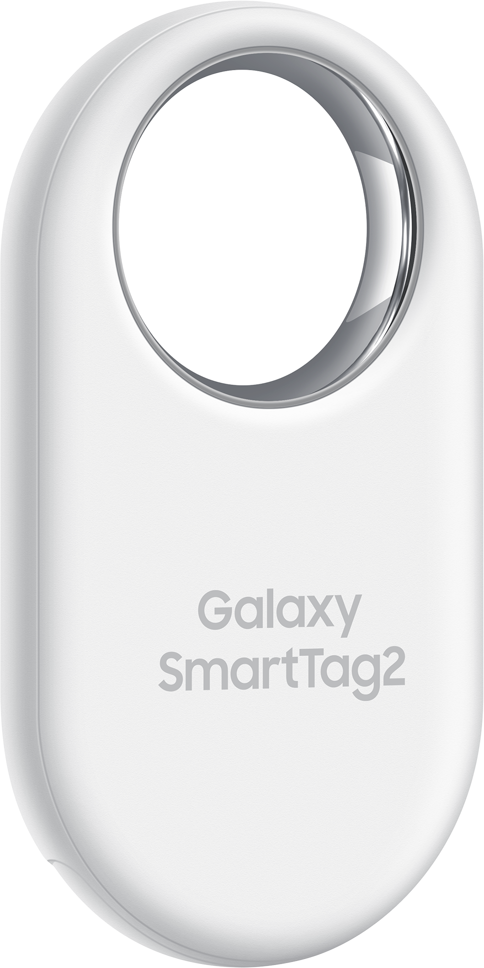 Galaxy SmartTag2 bianco, un dispositivo a forma ovale con il marchio sopra.