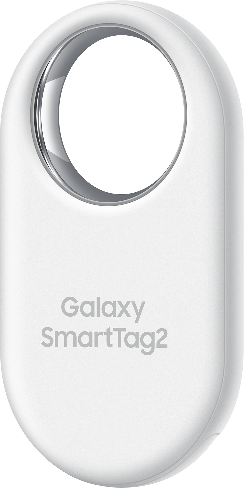 Galaxy SmartTag2 bianco. Forma ovale con anello argentato e logo.