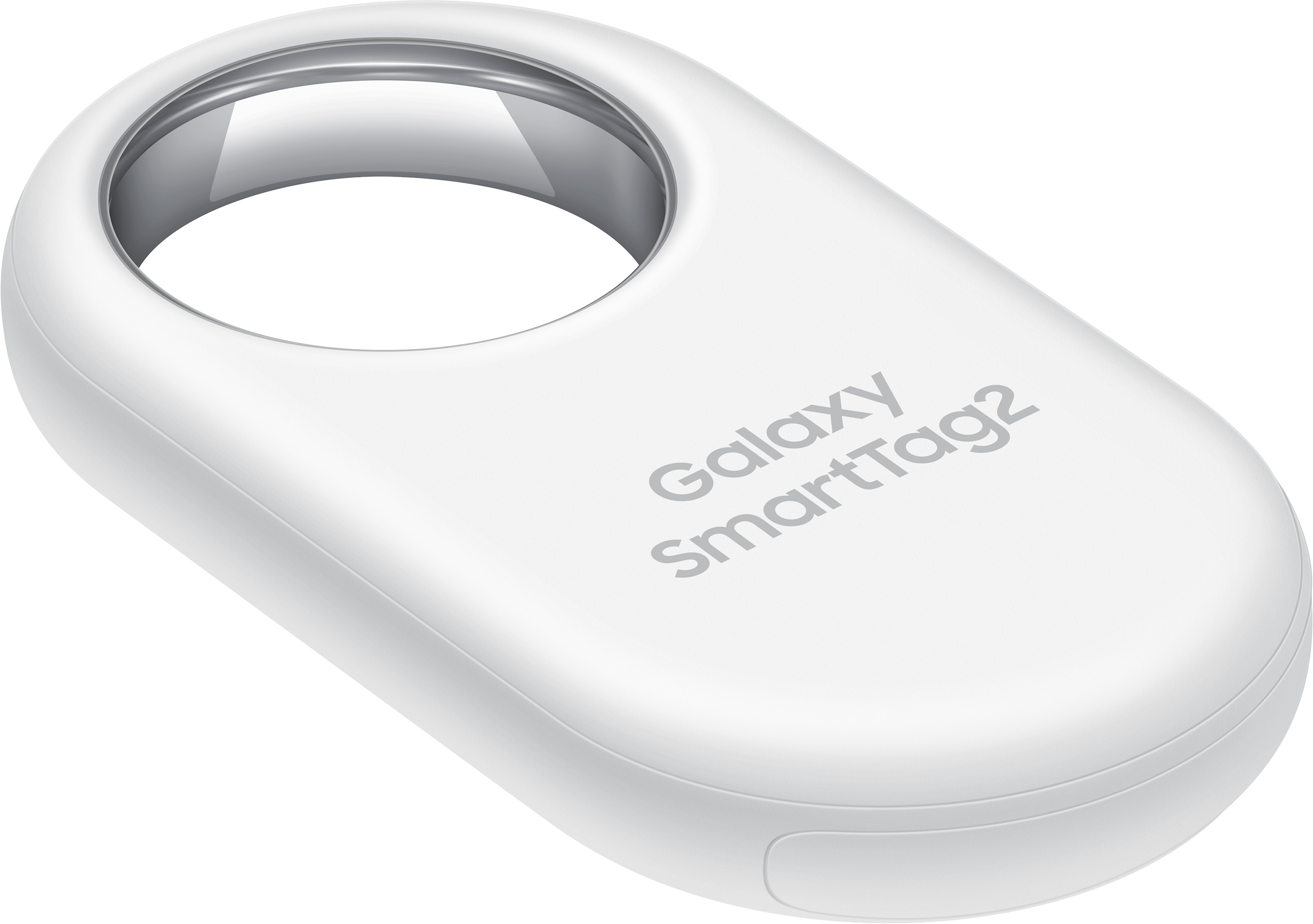 Tracker bianco Samsung Galaxy SmartTag2 con anello argentato.