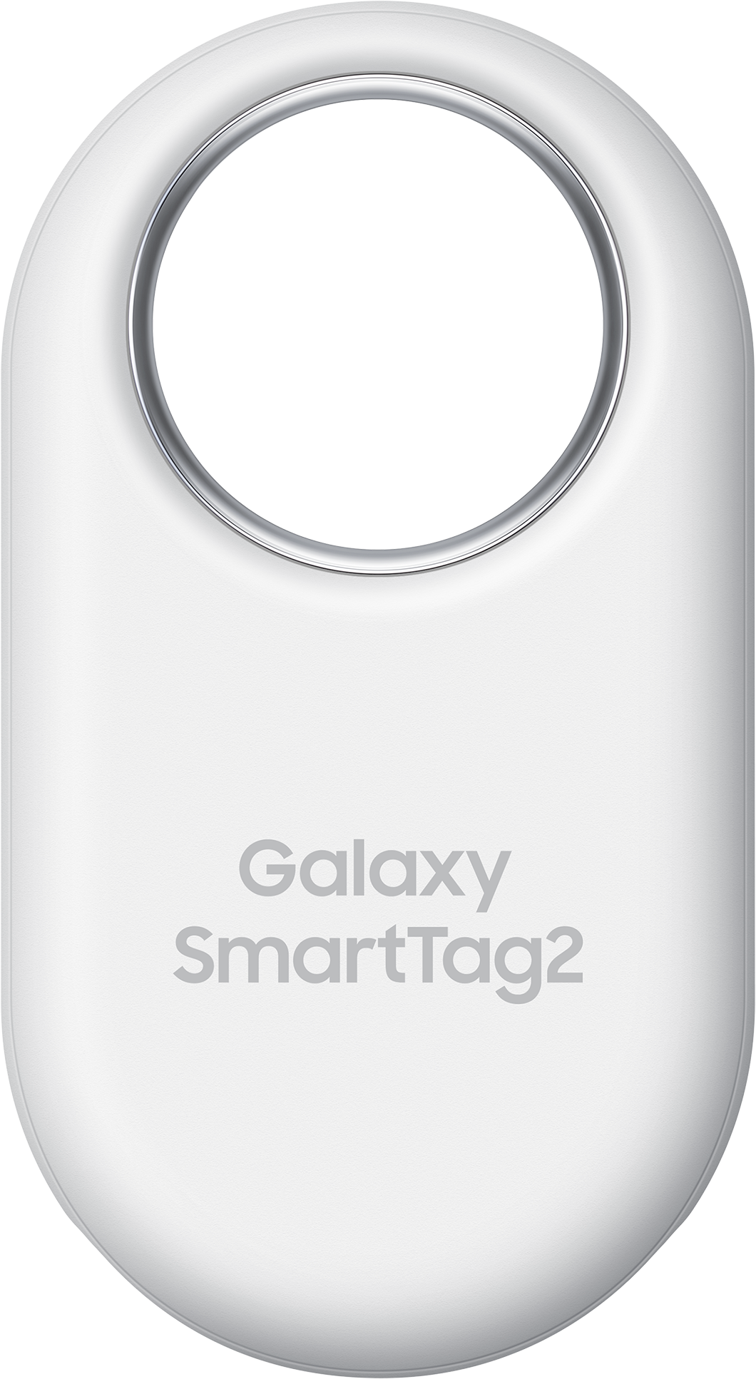 Galaxy SmartTag2 ovale bianco con anello argentato e nome del marchio.