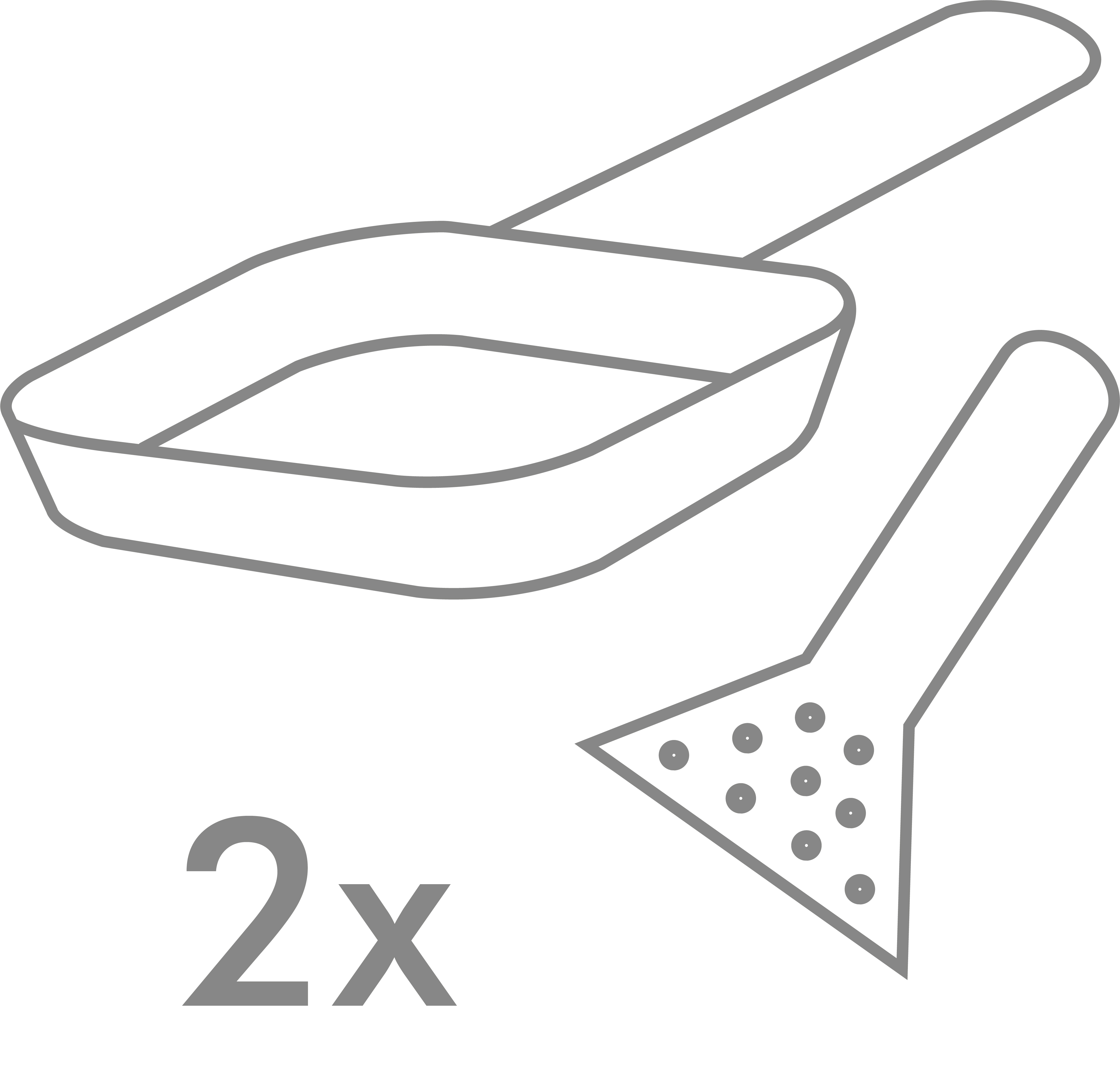 Zwei silberne Raclette-Pfannen und ein Spatel, Umrisszeichnung mit dem Text 2x.