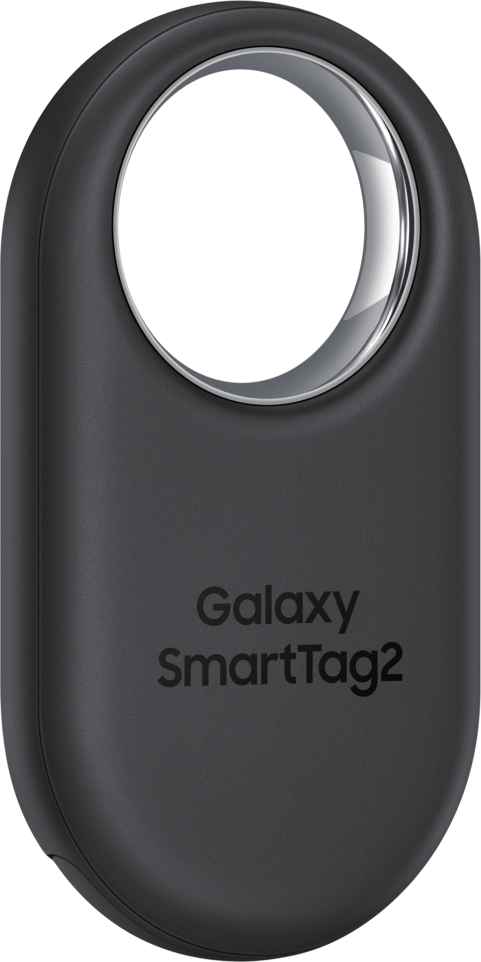 Samsung Galaxy SmartTag2 noir, forme ovale, avec un anneau argenté sur le dessus.