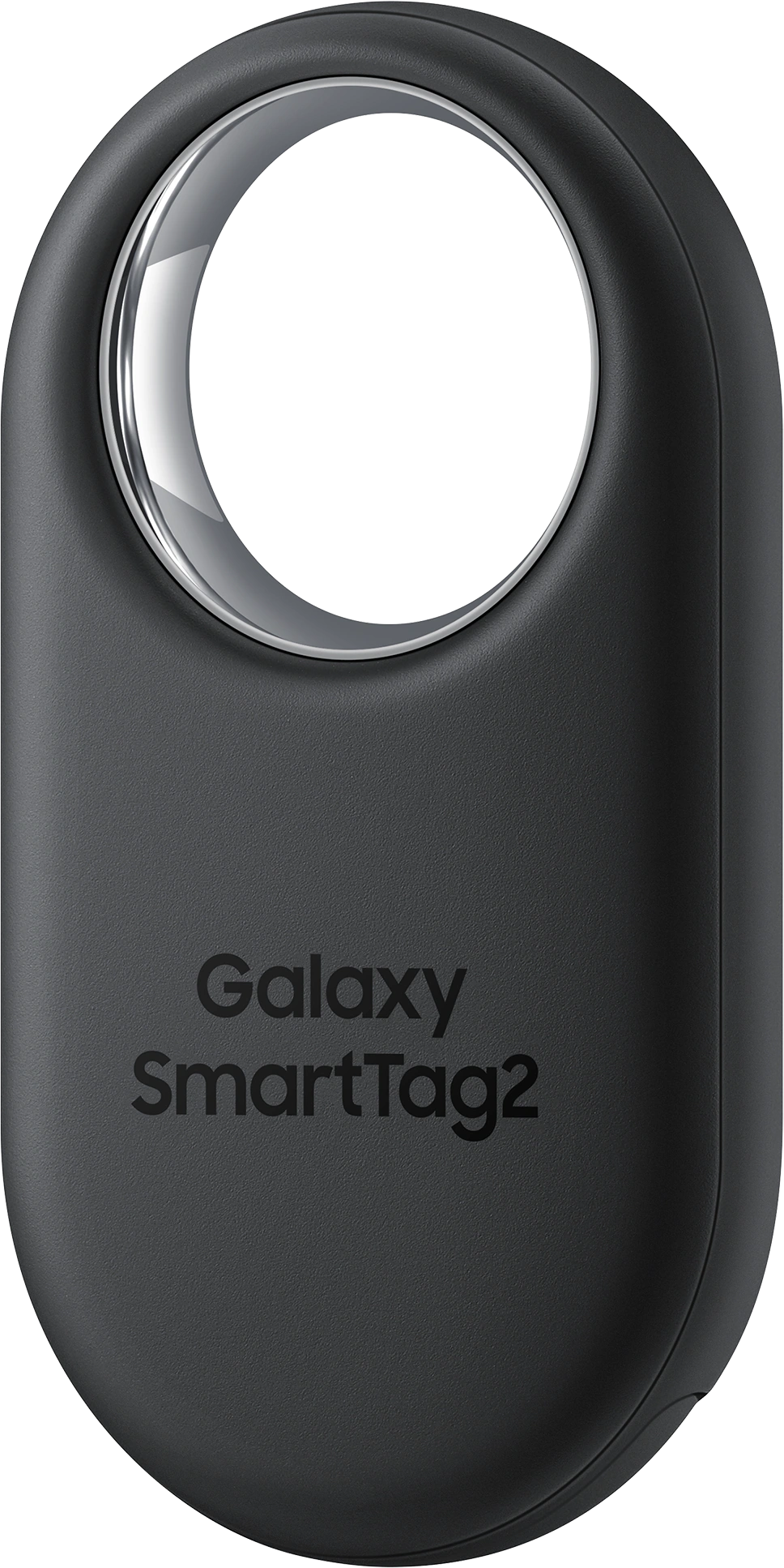 Un Galaxy SmartTag2 noir, un petit appareil de suivi ovale avec un anneau.