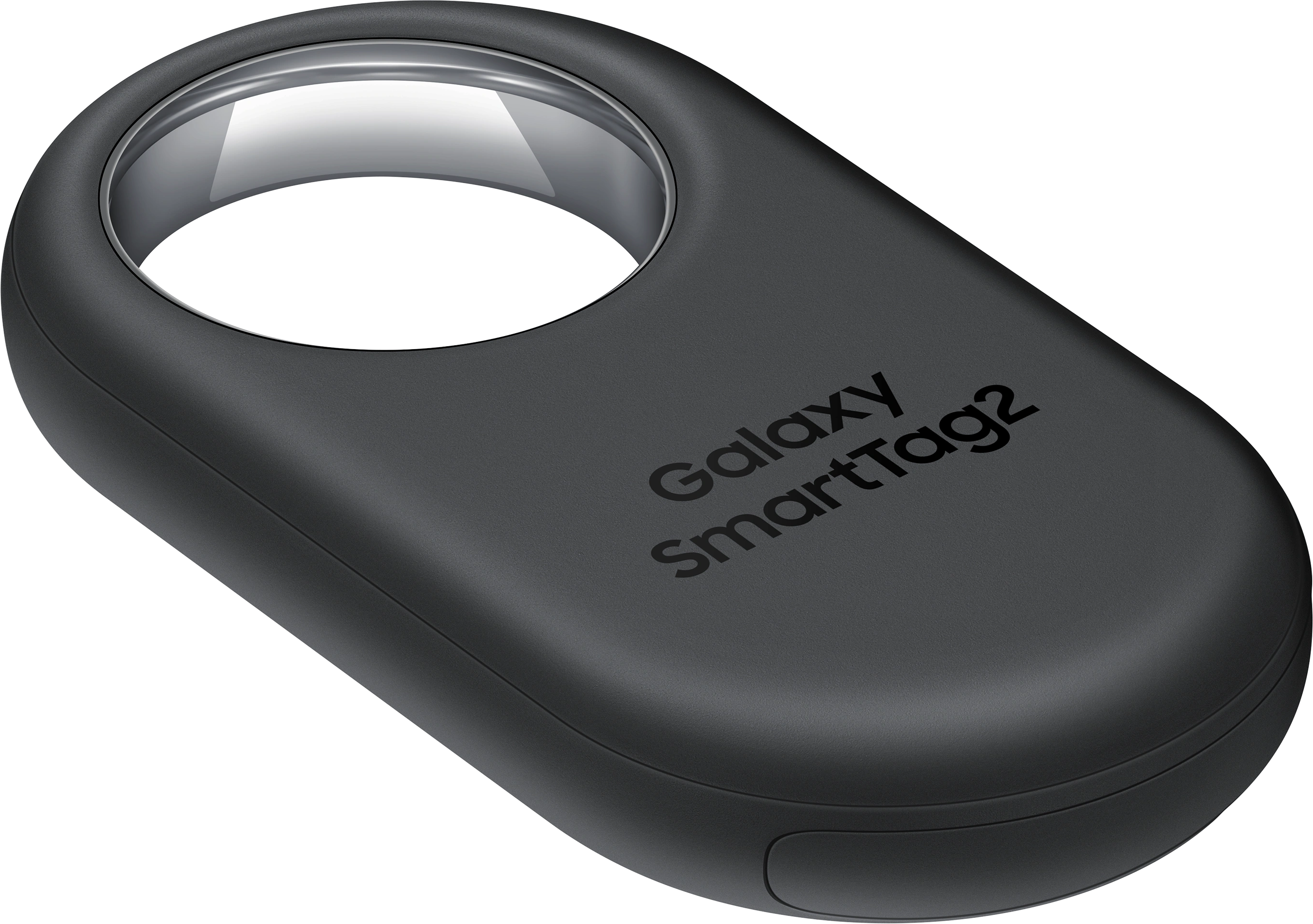 Galaxy SmartTag2 noir. Vue de dessus, avec anneau argenté. Le texte Galaxy SmartTag2.