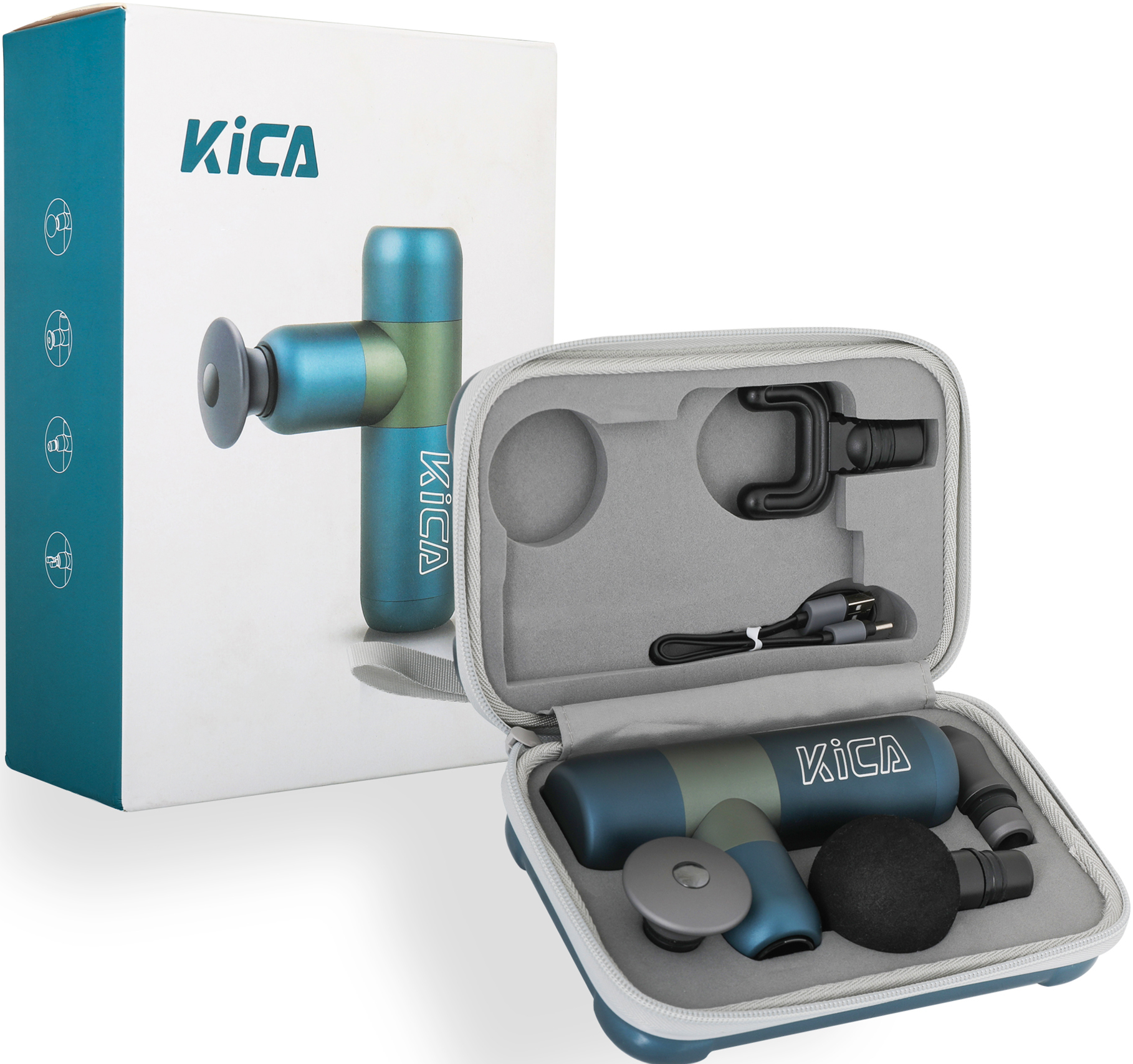 KICA Massagepistole und Zubehör in Koffer und Box.