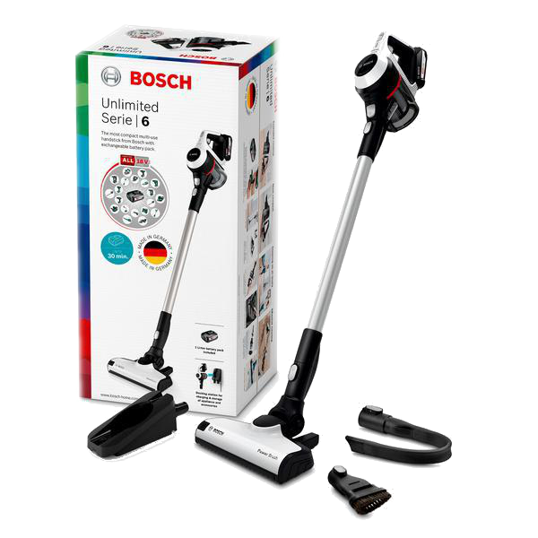 Bosch Unlimited Serie 6 Staubsauger, weiß und schwarz, mit Zubehör.