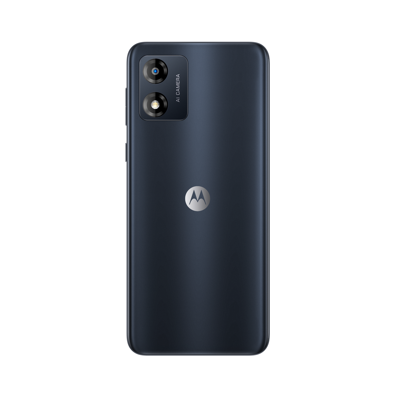 Parte trasera de un teléfono Motorola azul oscuro. Tiene dos cámaras y el logotipo de Motorola.
