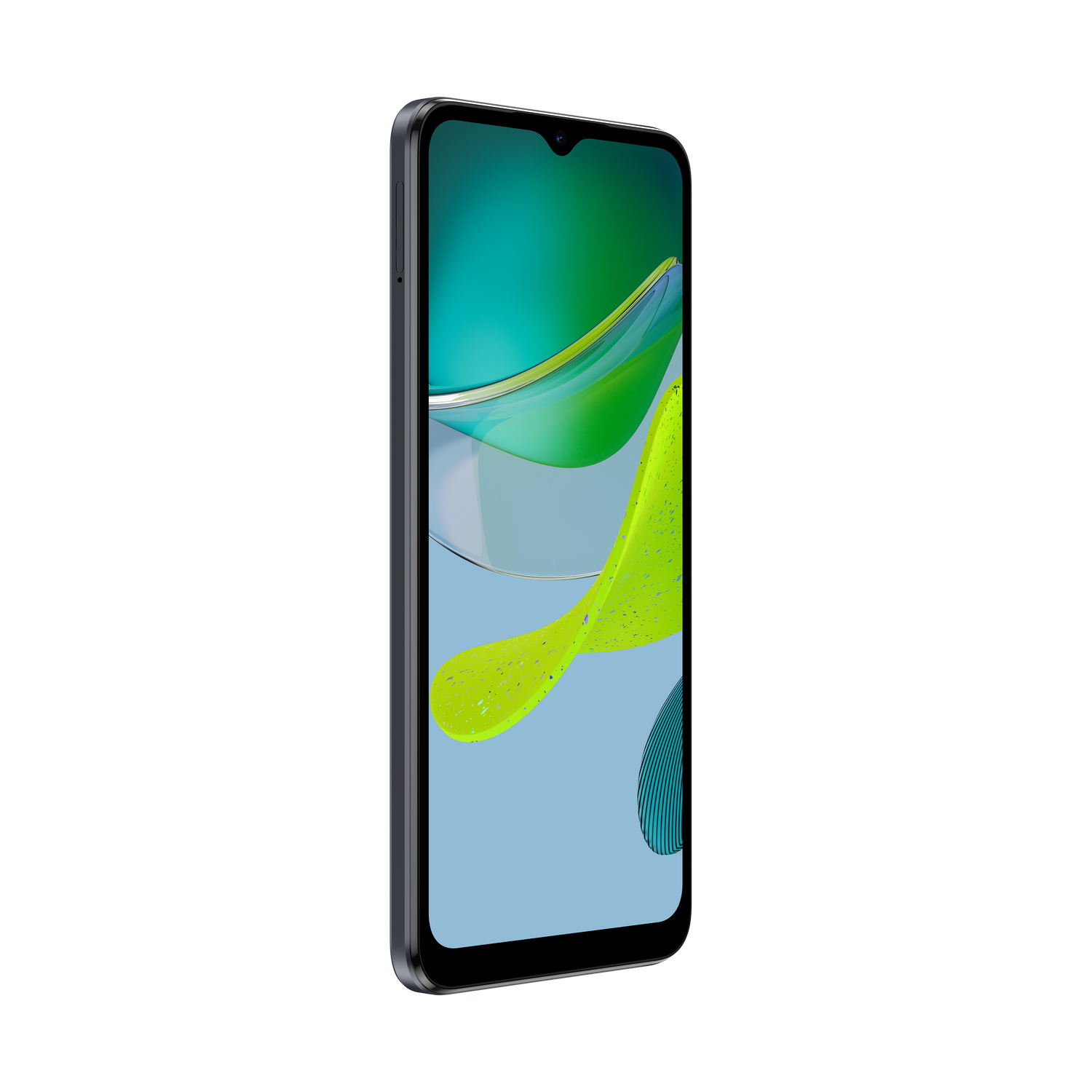 Un smartphone con un diseño abstracto verde y azul en la pantalla.