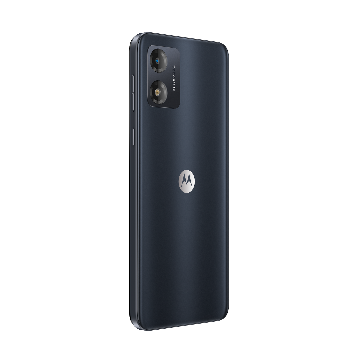 Smartphone negro, vista trasera, con cámara y logo Motorola, fondo negro.