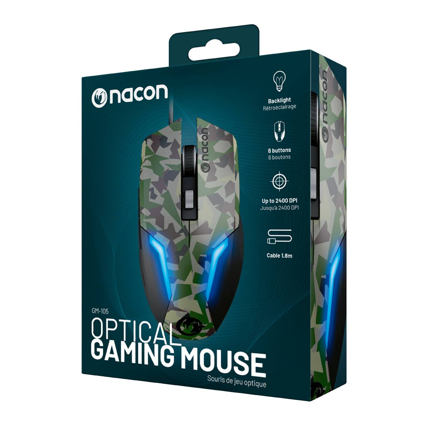 Ratón gaming en caja con diseño camuflaje. Características incluyen botones, DPI y cable de 1,8 m.