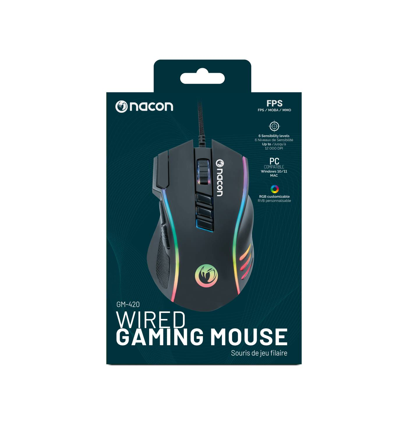 Ratón gaming negro en caja con luces.