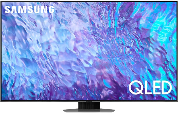 Samsung QLED-Fernseher, der ein helles, farbenfrohes abstraktes Muster anzeigt.