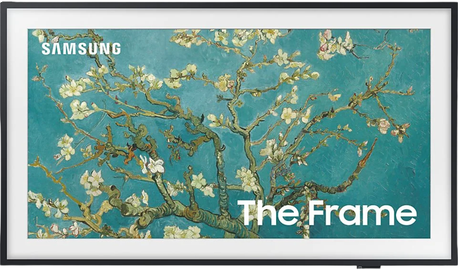 Ein Samsung Frame TV zeigt Van Goghs Mandelblüten. Der Text Frame erscheint unter dem Bild.