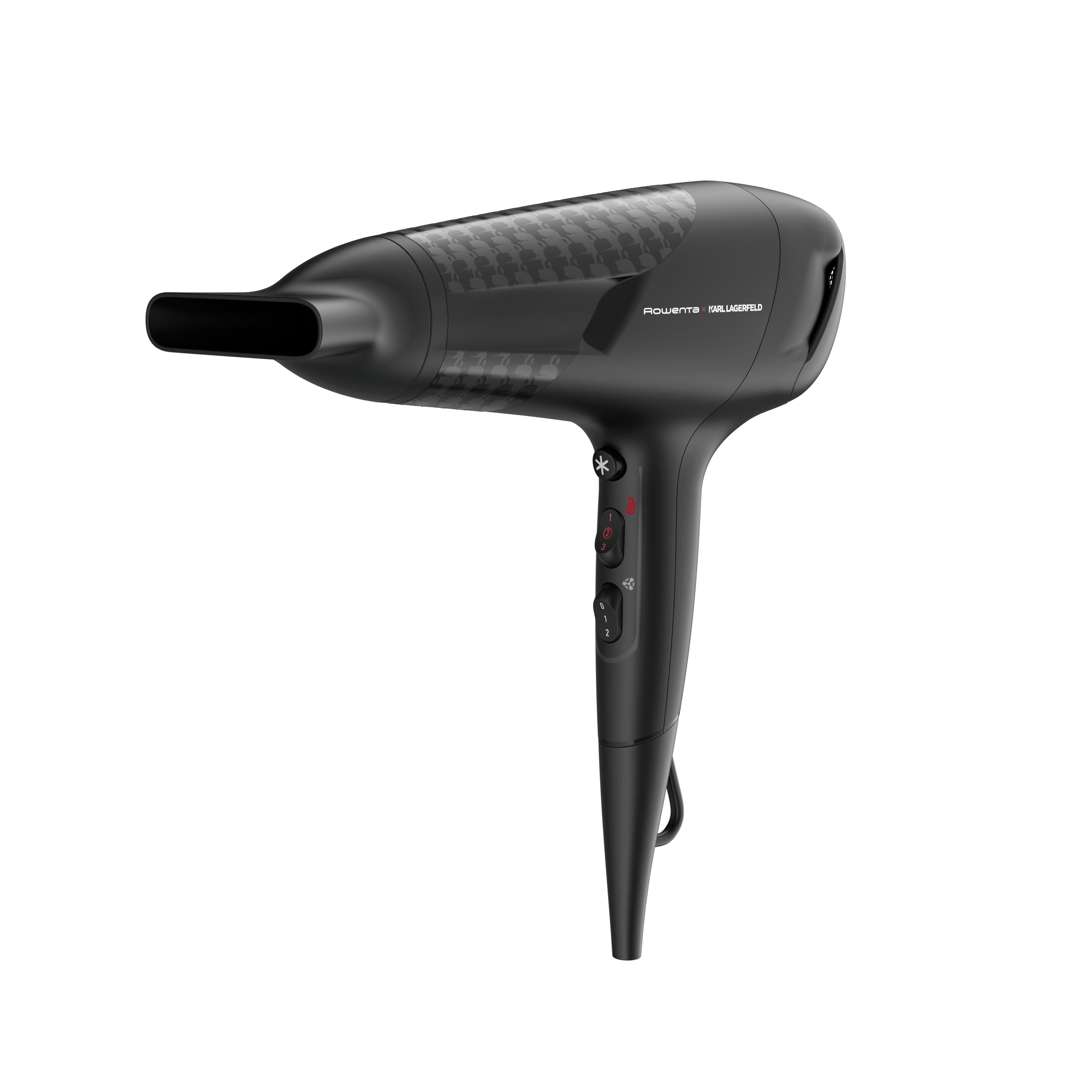 Schwarzer Fön mit Rowenta- und Karl-Lagerfeld-Logo. Er hat ein gemustertes Design und einen roten Knopf.