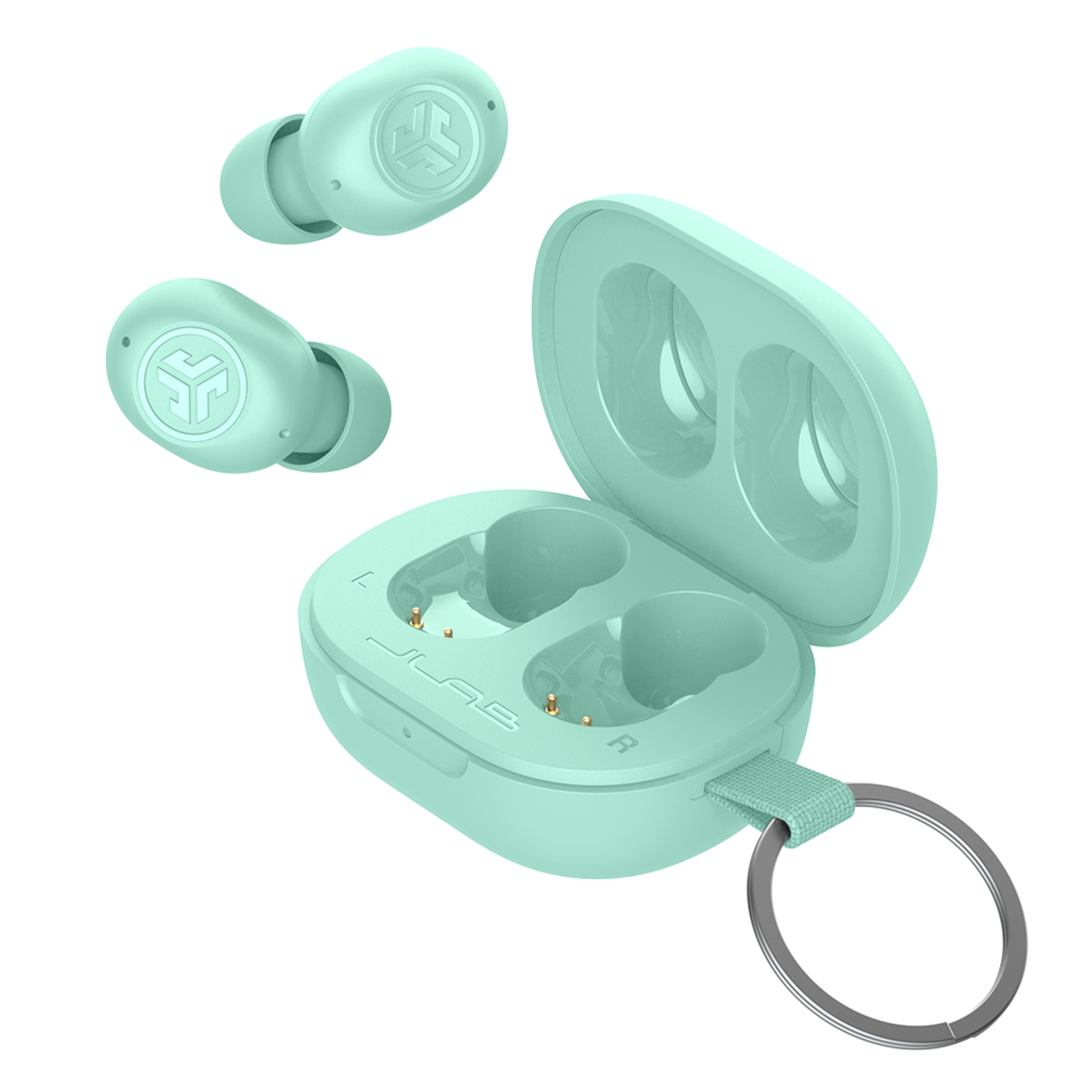 Mint green earbuds and charging case on black background. Key ring attached to case.