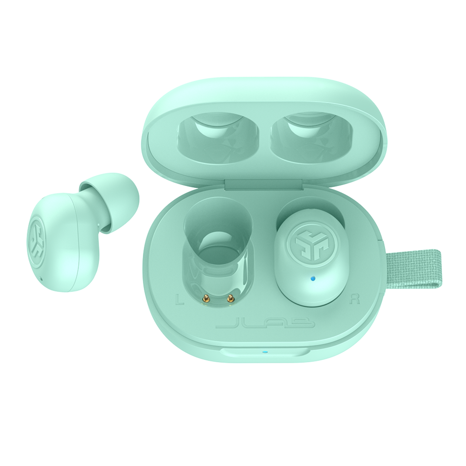 Light green JLab earbuds and charging case. One earbud is outside the case.