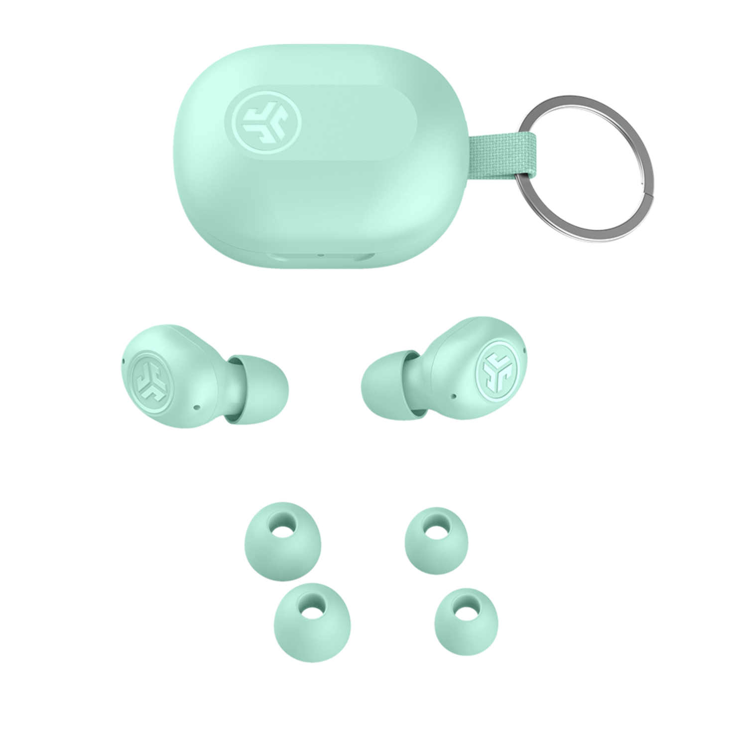 Mint green earbuds with a charging case. Includes extra ear tips and a keyring.