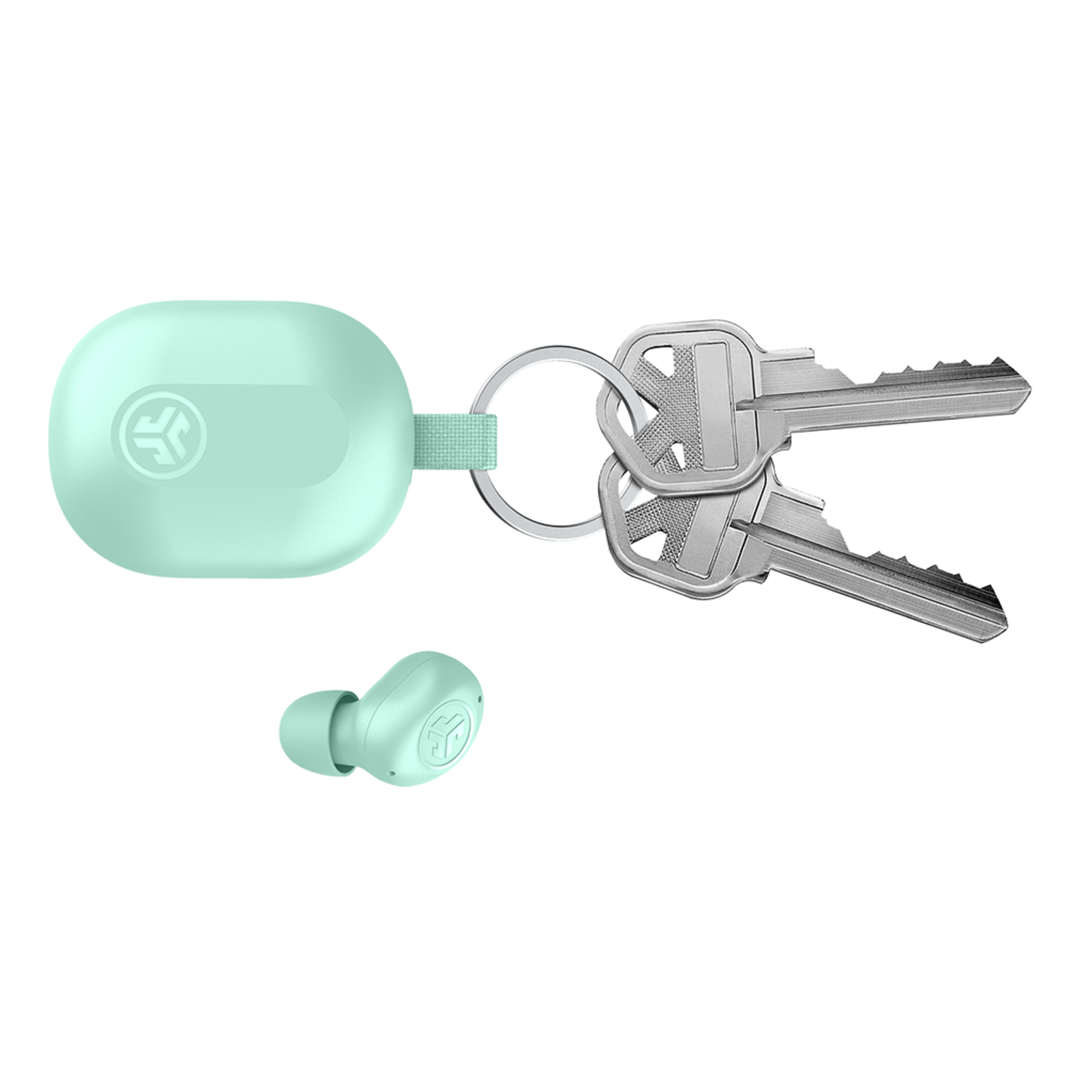 A mint-green earbud case with a key ring and two keys, on a black background.