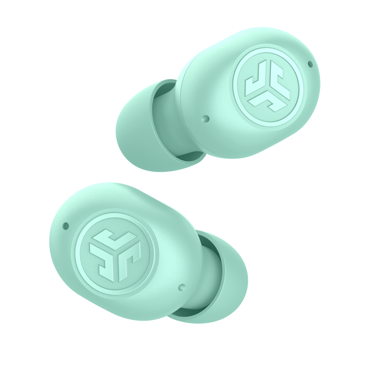 Two mint green JLab earbuds. Each earbud has a logo on the outer surface.