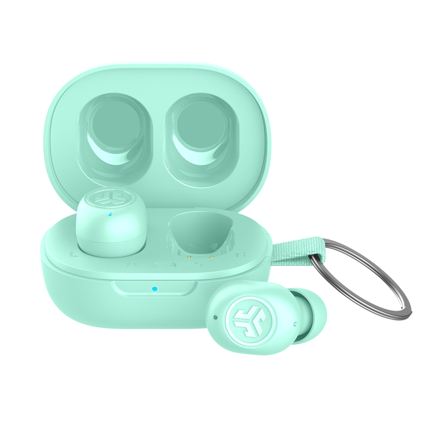 Mint green earbuds and charging case, open, on white background with a blue LED.