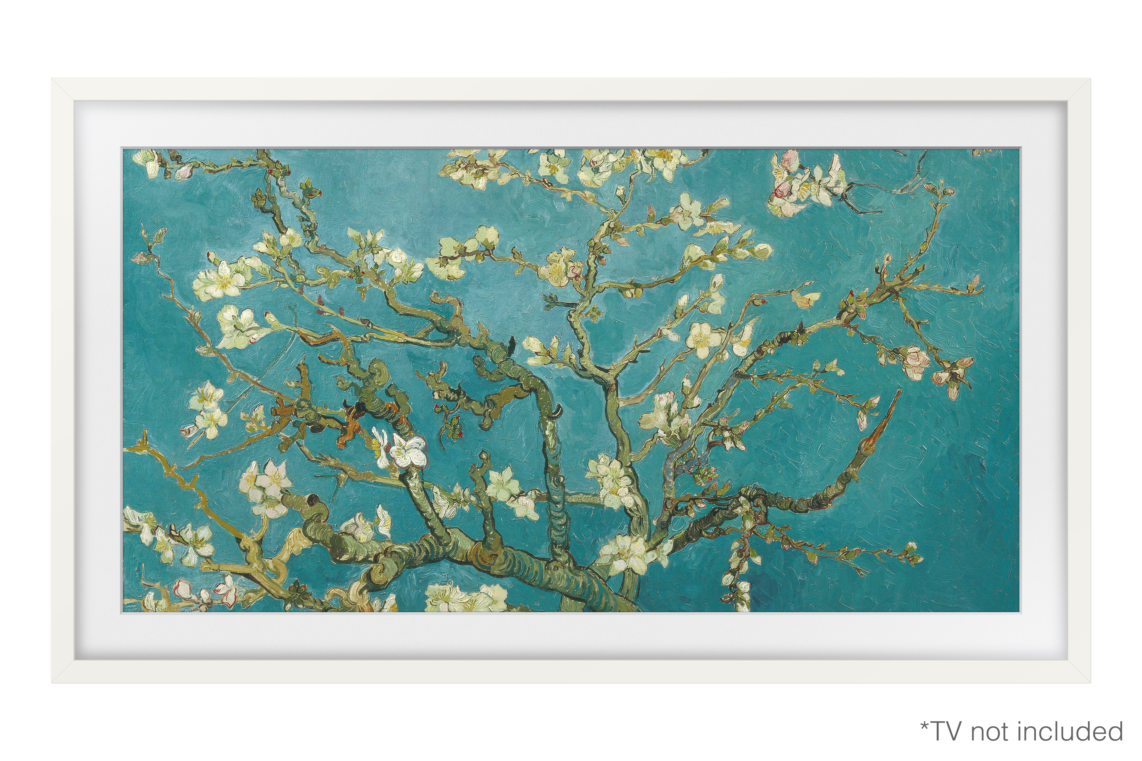 Pintura Almendros en flor de Van Gogh en un marco blanco. Fondo turquesa, flores blancas.