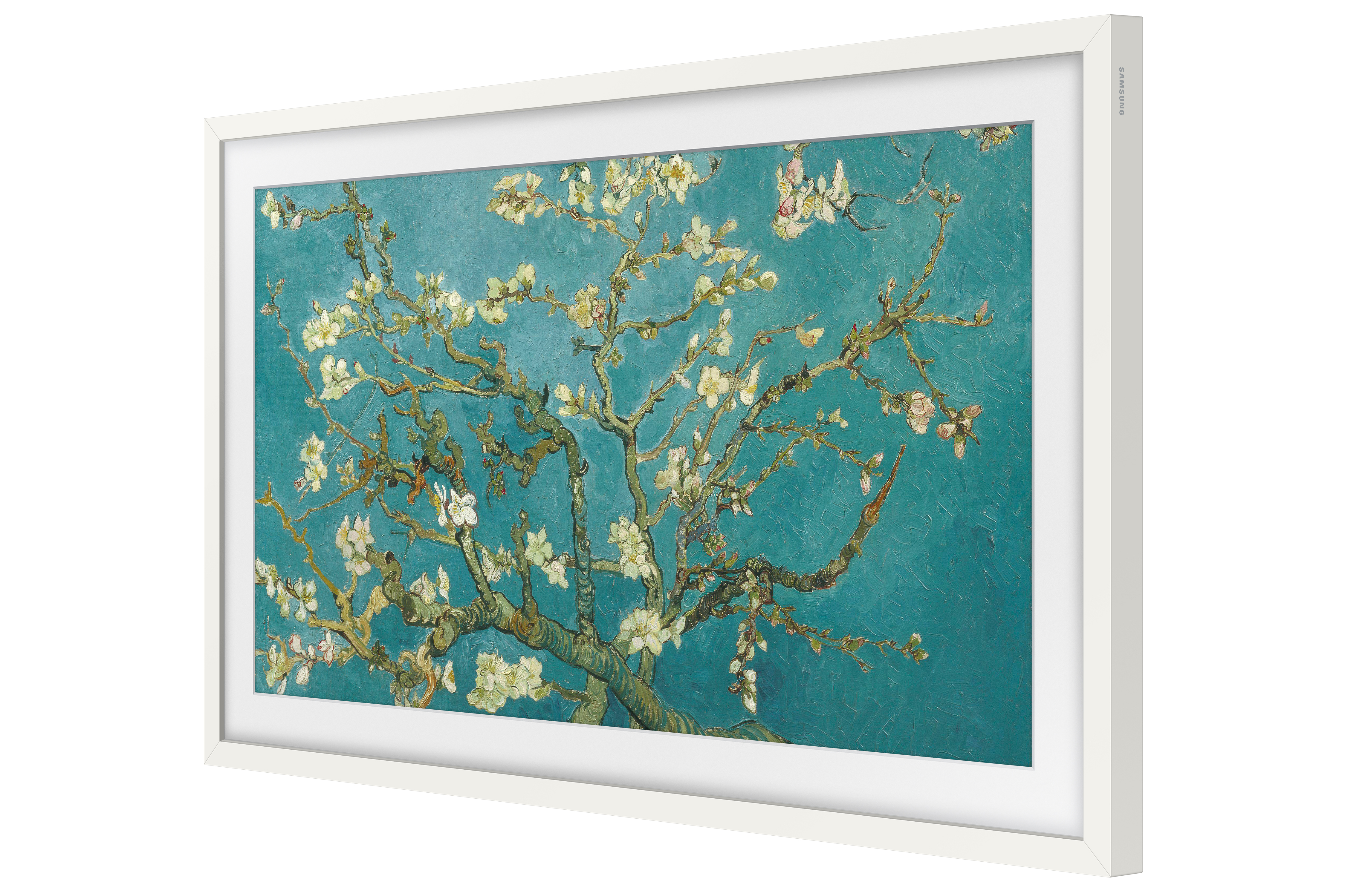 Televisor Samsung con marco blanco mostrando la pintura Almendros en flor de Van Gogh.