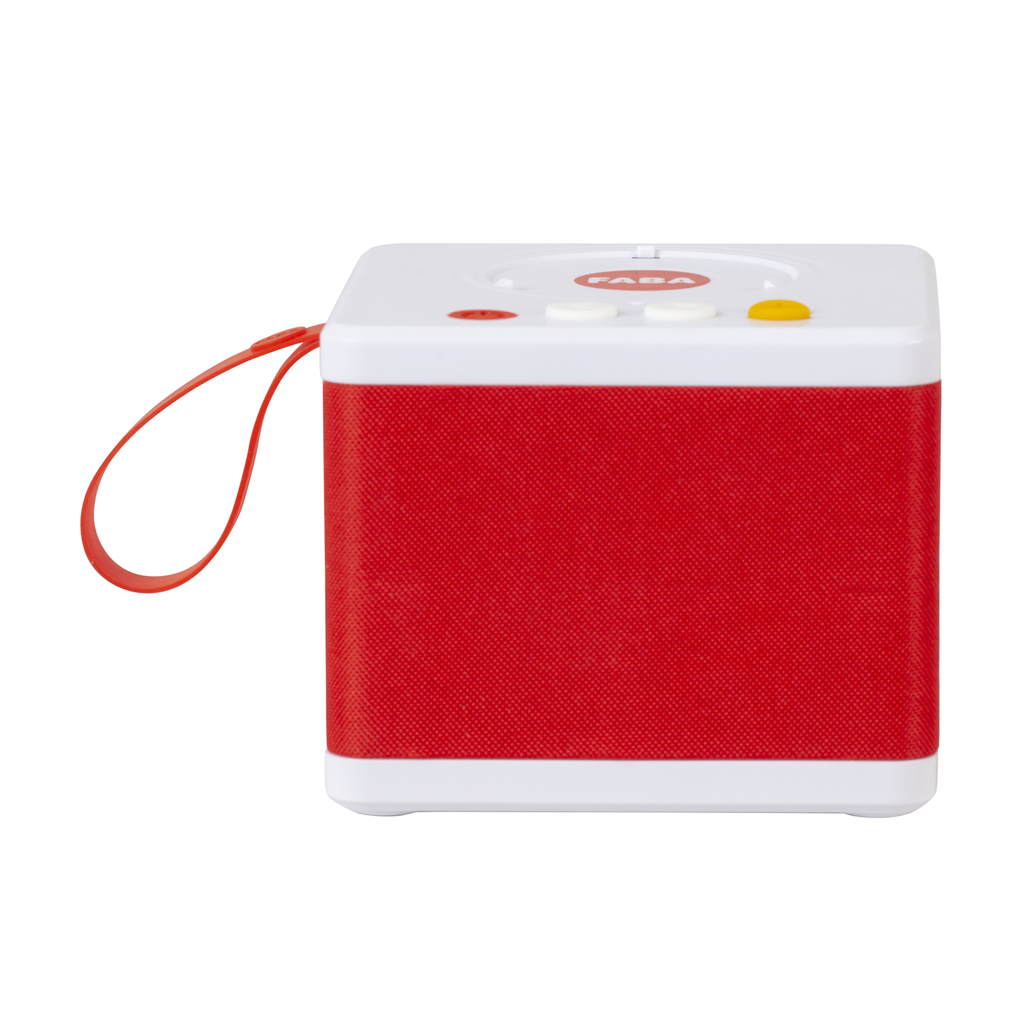 Lettore audio a forma di cubo rosso e bianco con manico rosso e pulsanti bianchi sopra.