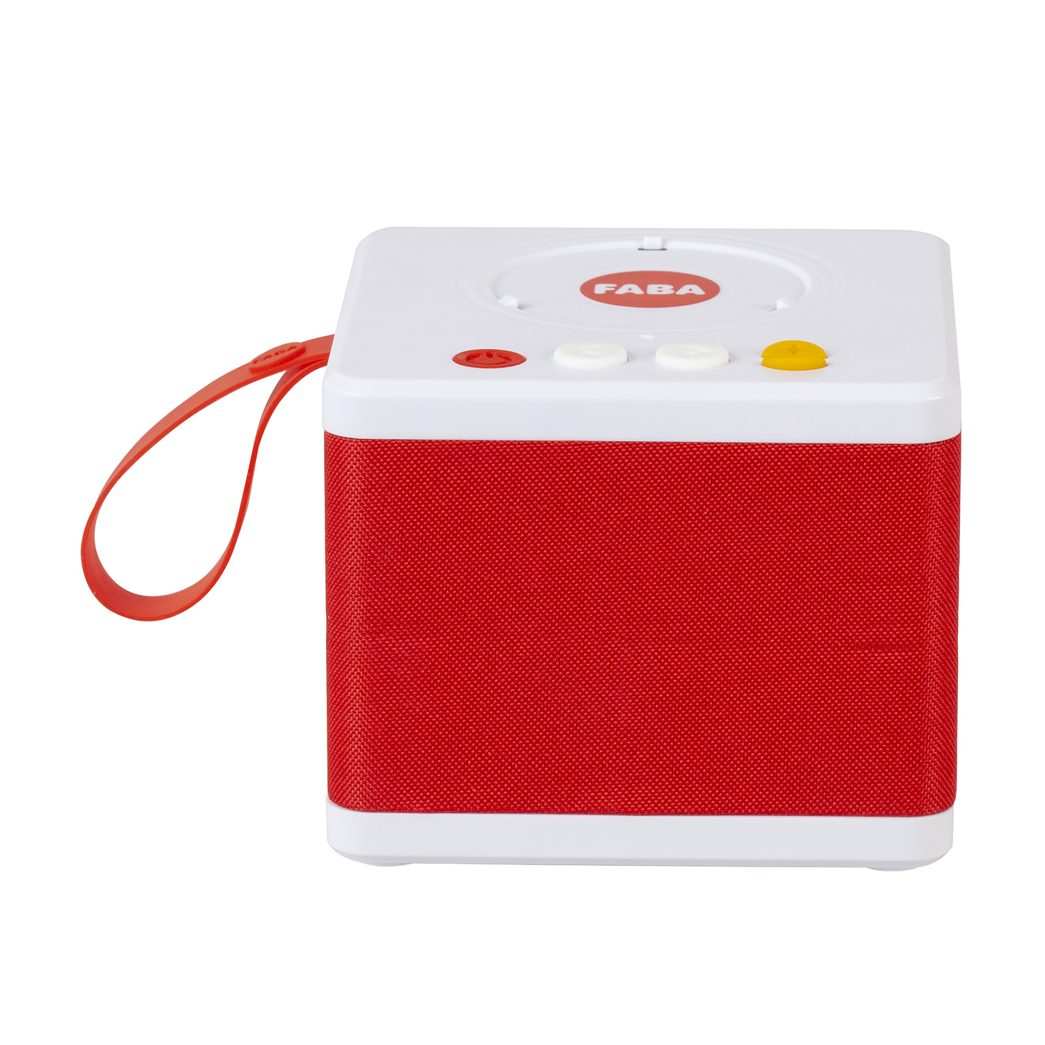Lettore musicale a forma di cubo rosso e bianco con cinturino rosso. Marchio FAB.