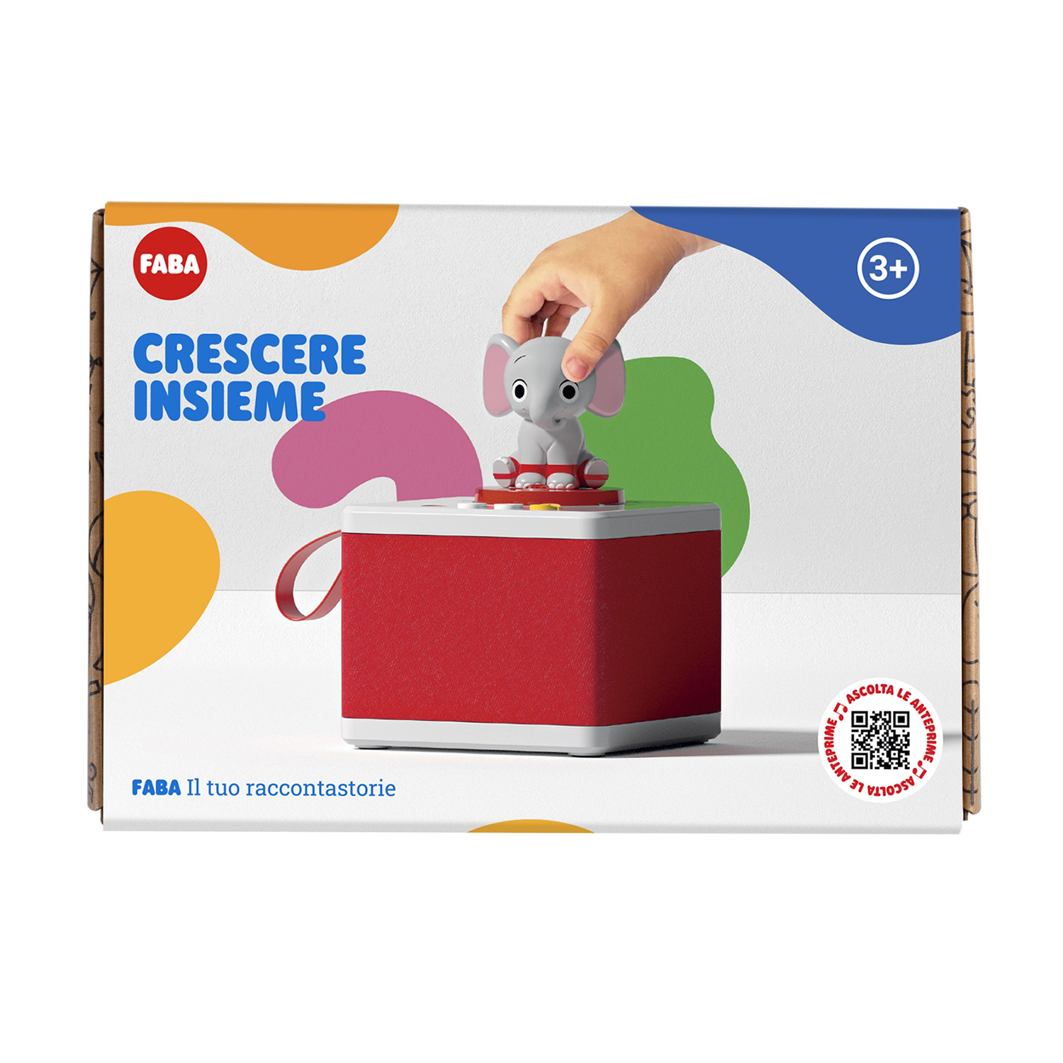 Giocattolo in scatola con base rossa e figura di elefante grigio sopra. Il testo dice 'Crescere Insieme' e 'FABA'.
