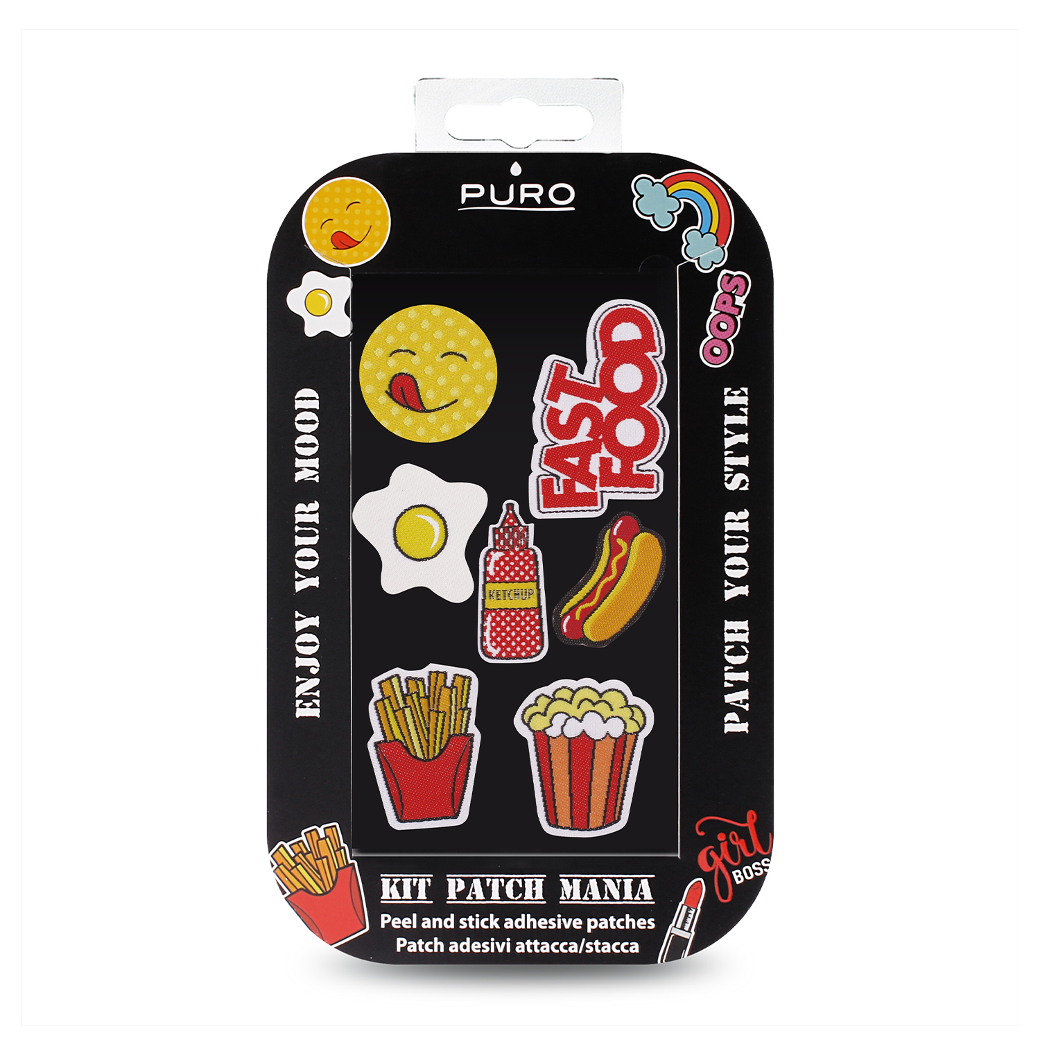 Un pacchetto di adesivi con disegni di cibo ed emoji, su una superficie nera.
