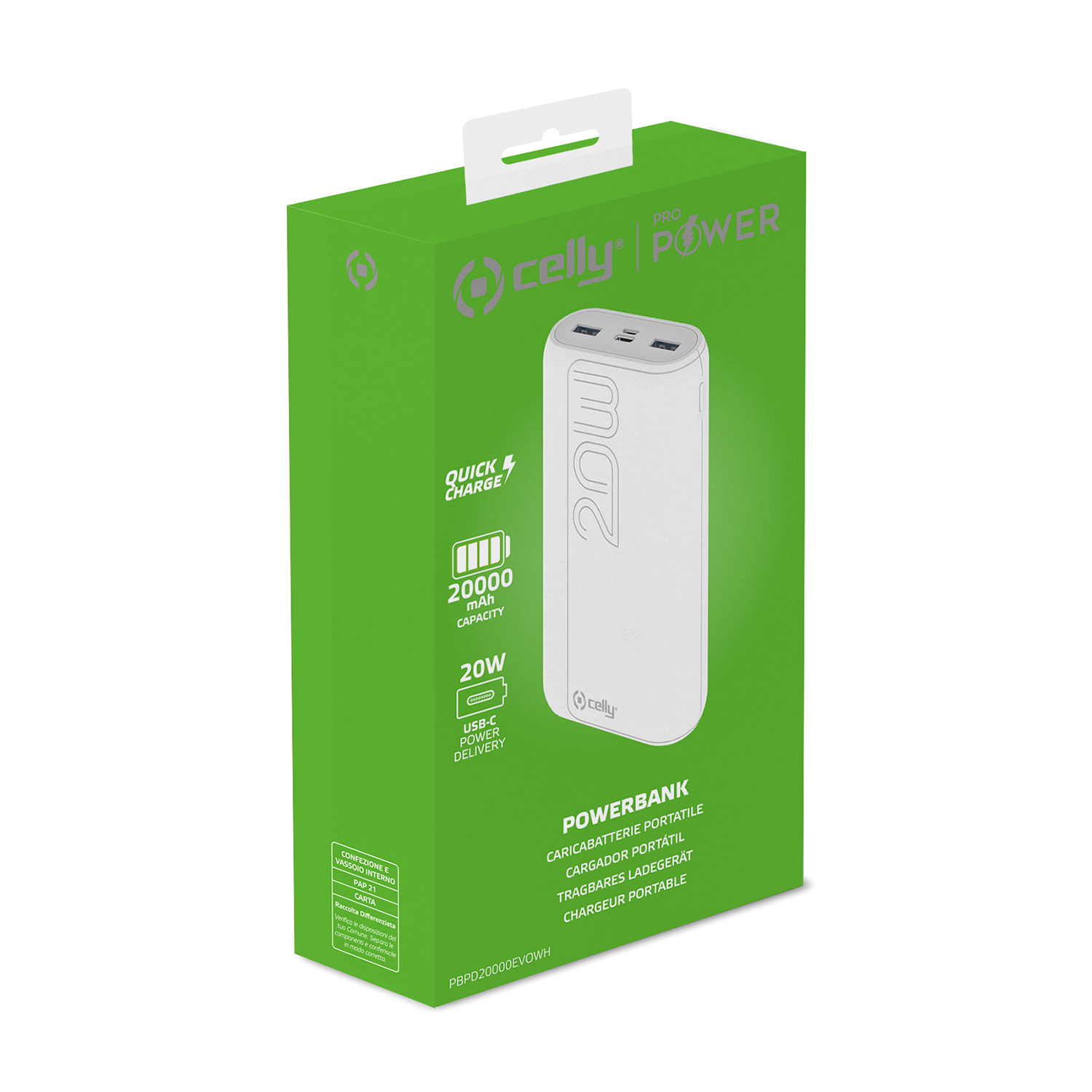 Una scatola di power bank verde e bianca con il logo Celly Pro e testo.