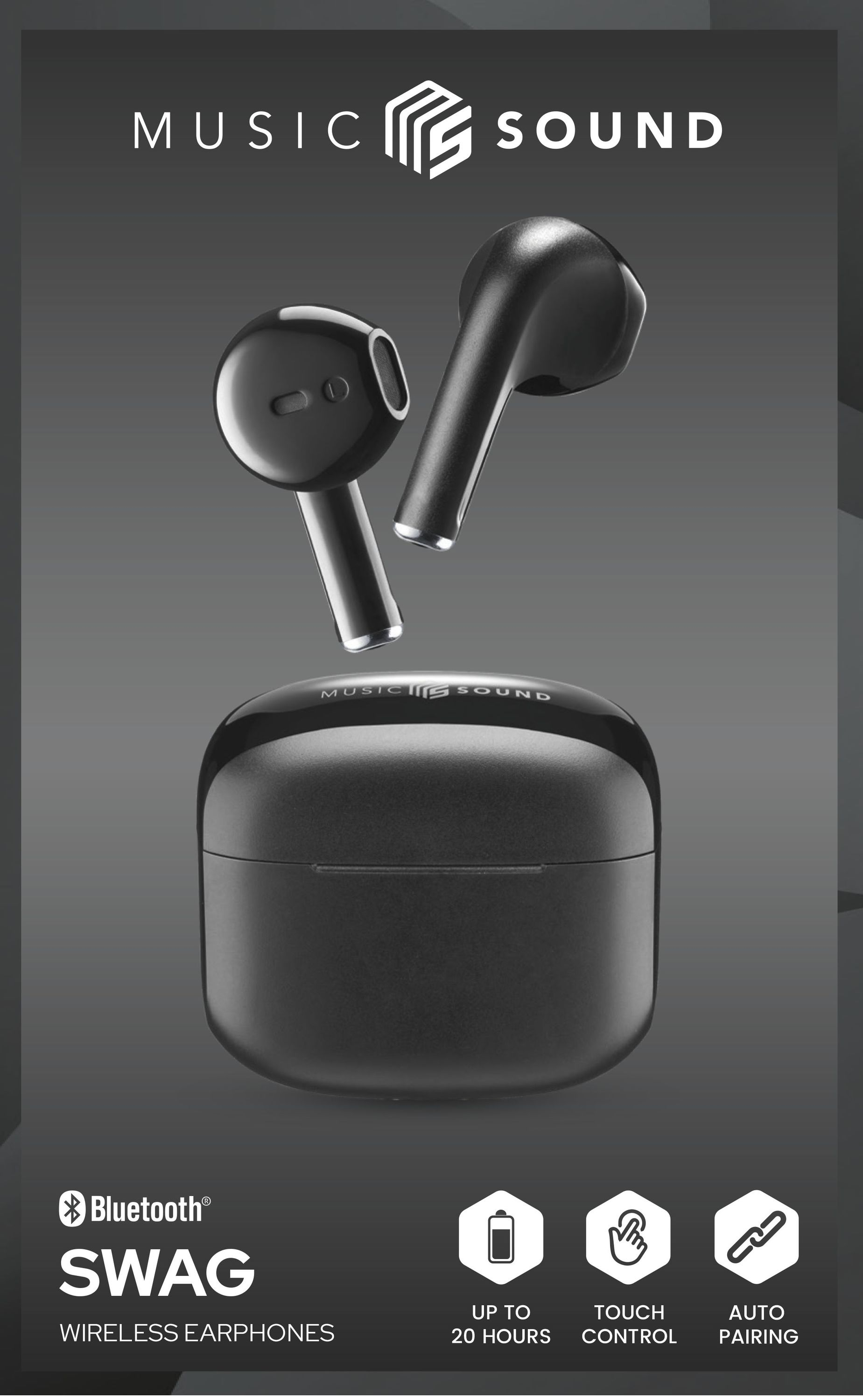 Siyah kablosuz kulaklıklar ve şarj kutusu. 'MUSIC SOUND' ve Bluetooth logosu mevcut.