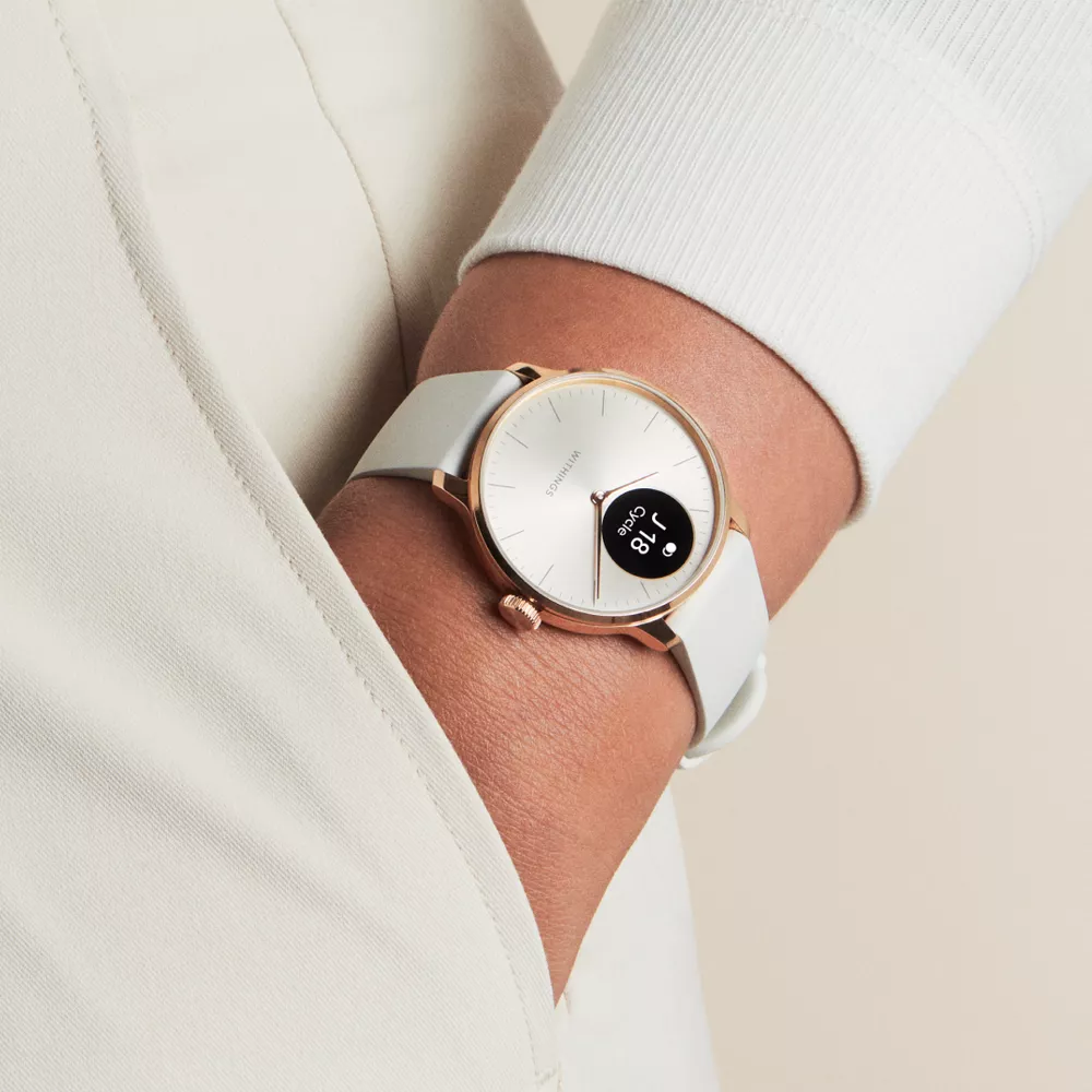 Personne portant une montre avec un bracelet blanc et un boîtier doré. La montre affiche l'heure.