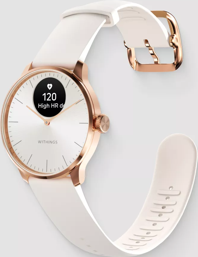 Une smartwatch blanche et or rose avec bracelet blanc. L'écran affiche la fréquence cardiaque 120.