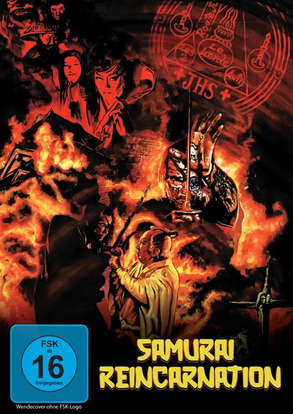 Filmposter: Samurai Reincarnation. Figuren in Flammen. FSK 16 Logo.