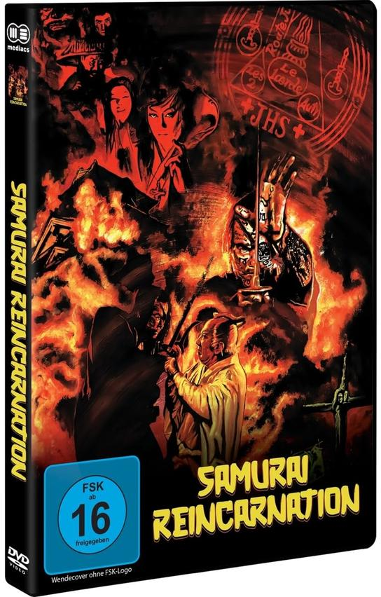 DVD-Cover für 'Samurai Reincarnation'. Es zeigt einen feurigen Hintergrund mit Samurai-Figuren.