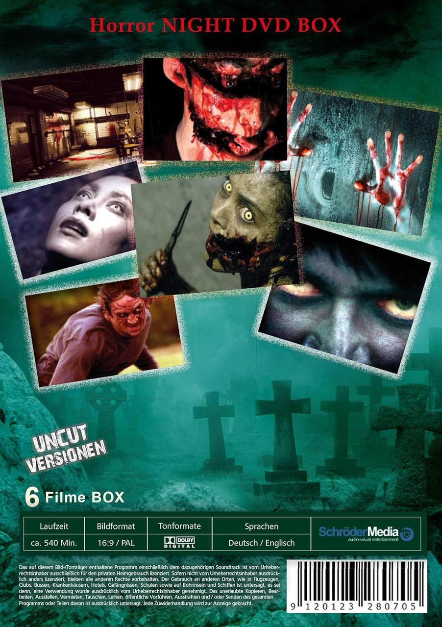 Eine DVD-Hülle mit Bildern von Horrorszenen und Text, einschließlich des Titels "Horror NIGHT DVD BOX".
