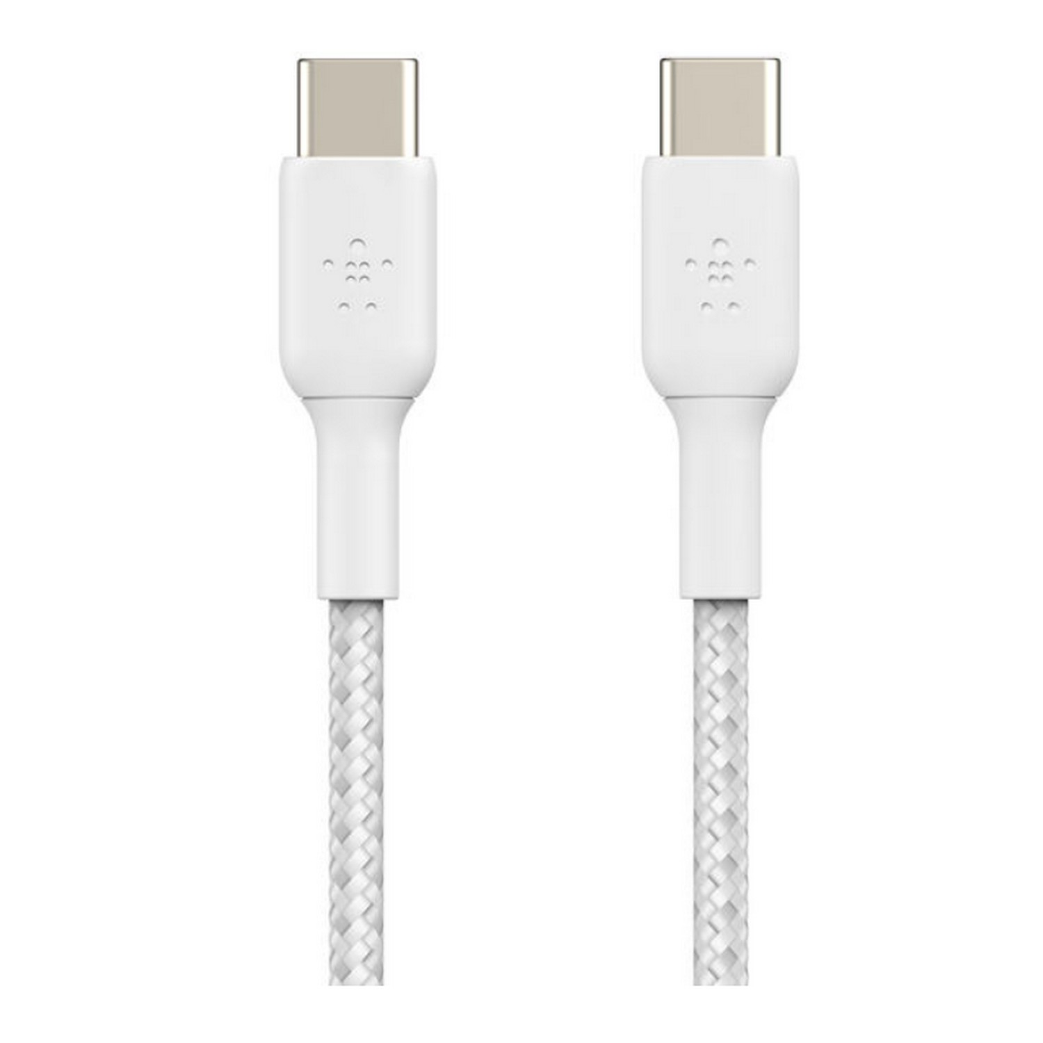 Deux câbles blancs avec connecteurs USB-C. Fond blanc.
