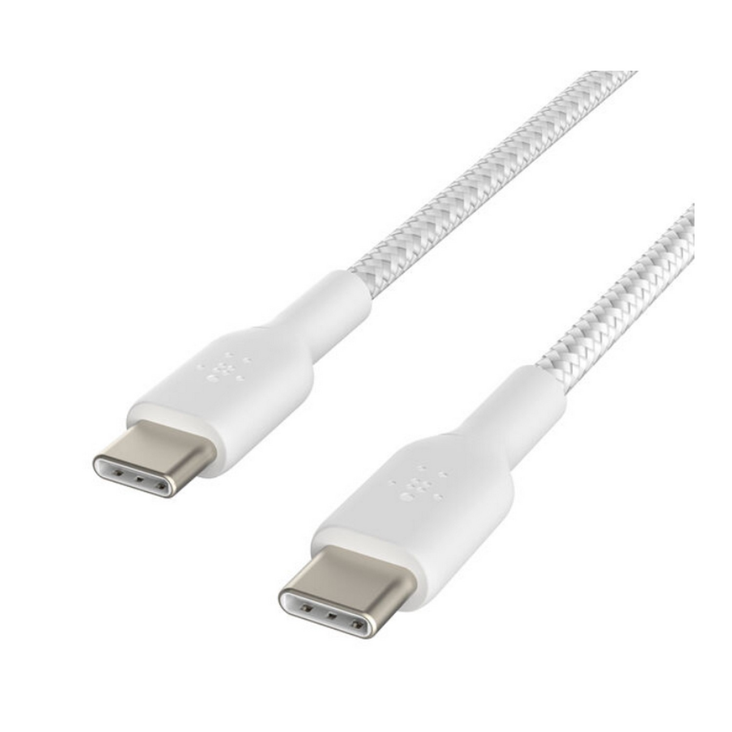 Câble USB-C blanc avec deux connecteurs, sur fond blanc.
