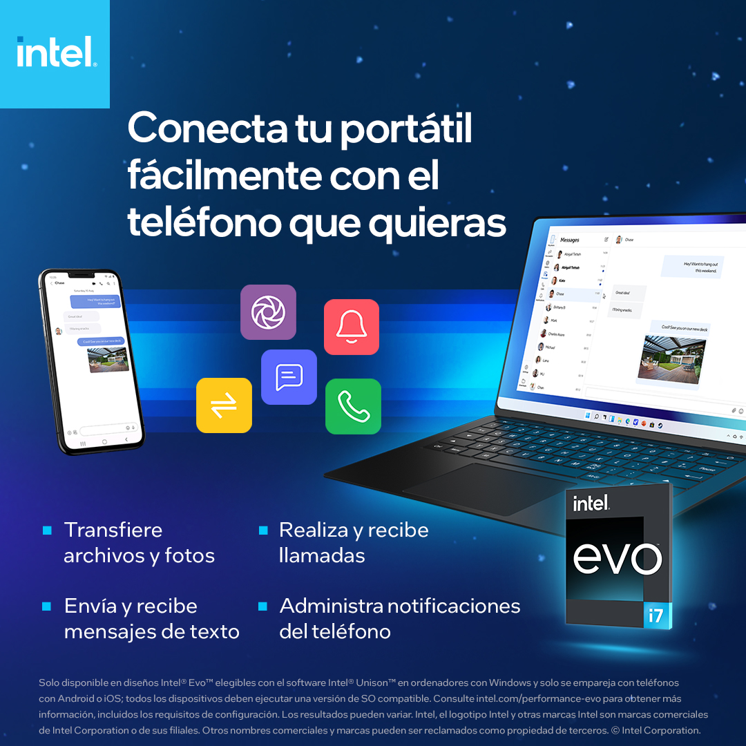 Laptop y teléfono mostrando interfaces de aplicaciones. Texto: Conecta tu portátil fácilmente con cualquier teléfono.