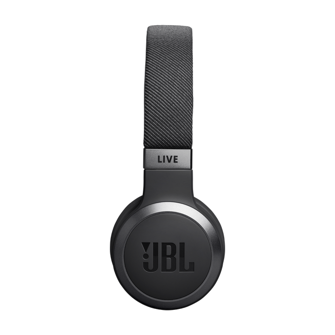 Auriculares JBL negros, vista superior, con 'LIVE' y logo JBL visibles.