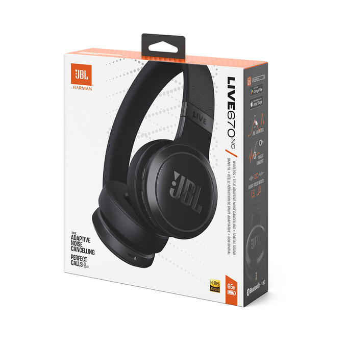 Auriculares JBL Live 670NC negros en caja. La caja muestra el producto y sus funciones.