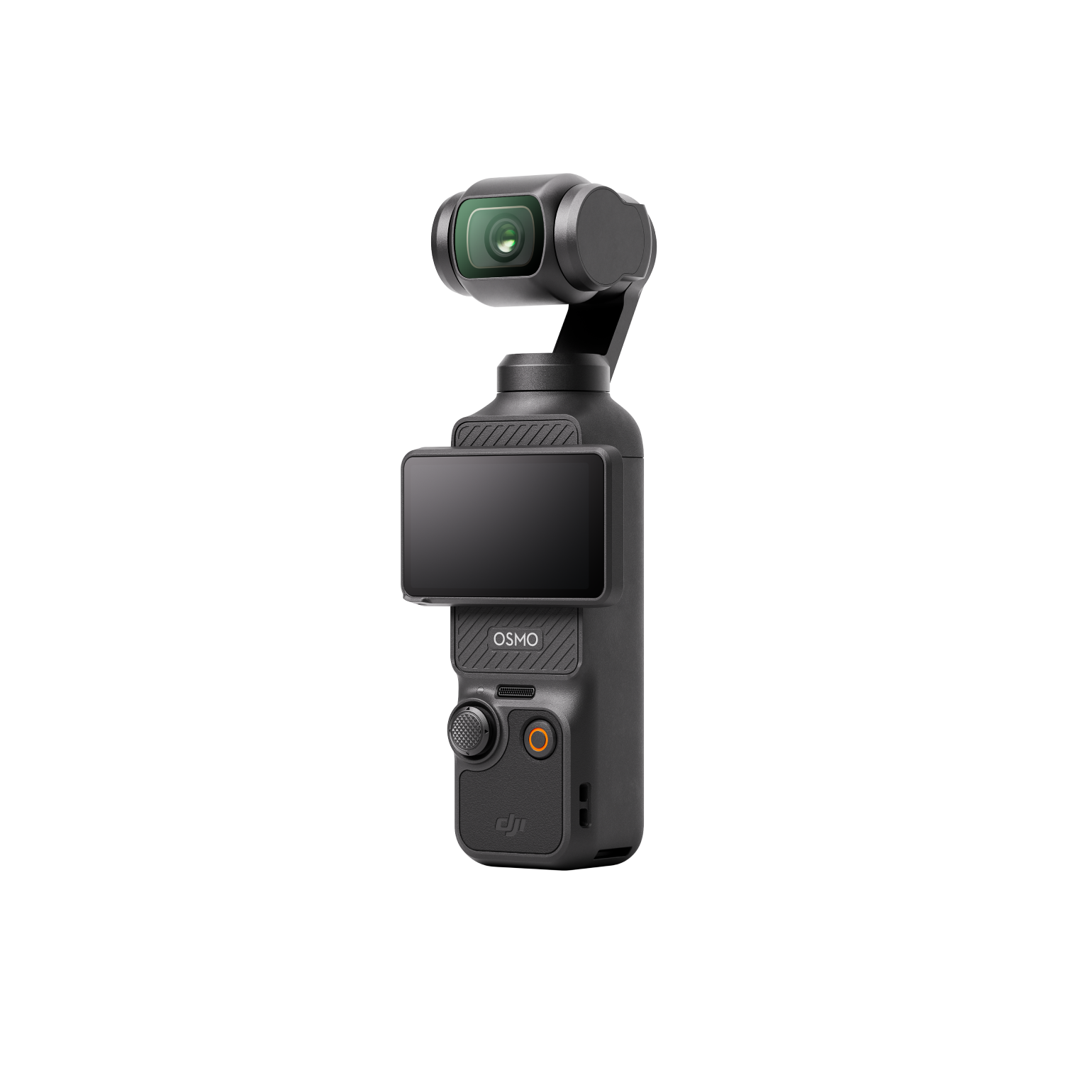 Cámara DJI Osmo Pocket. Negra, con pantalla y un estabilizador en la parte superior.