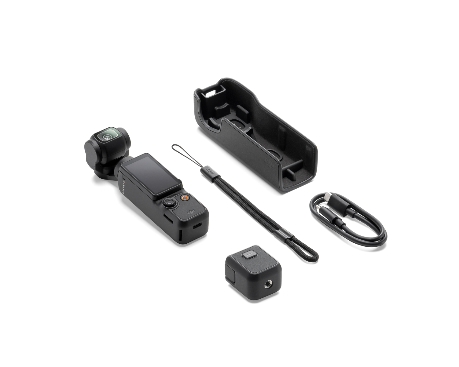 Cámara DJI Osmo Pocket y accesorios; negro, pequeño y dispuesto sobre blanco.